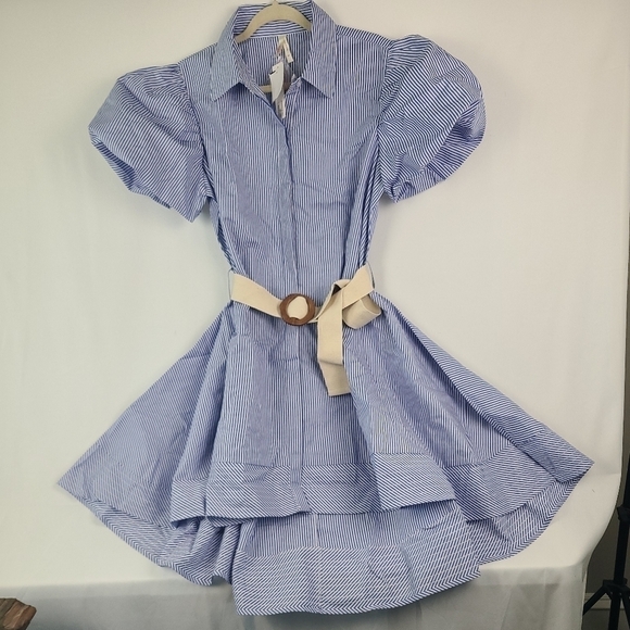 NEW True Destiny -Blue & White  Striped Cut Out Hi-Low Puff Sleeve Dress. NWT - Picture 1 of 7